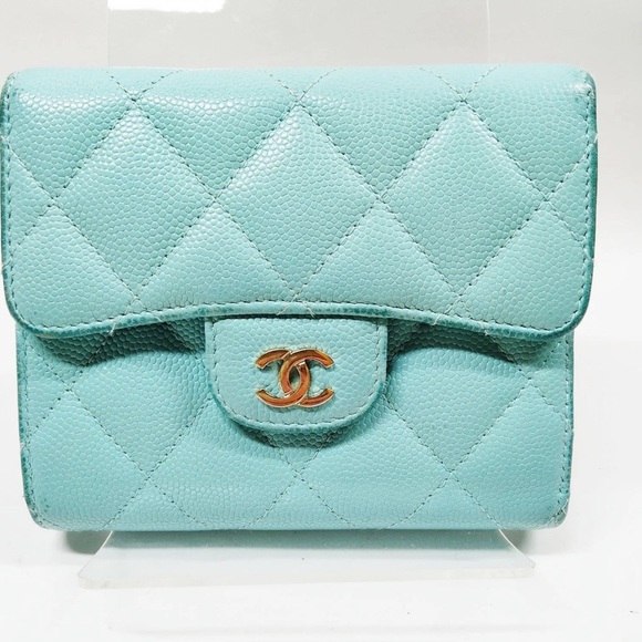 CHANEL Handbags - CHANEL Tiffany Blue Quilted Caviar Leather Compact Leather Wallet